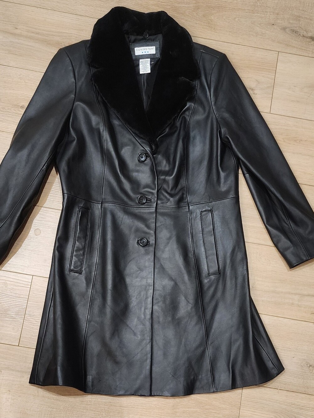 Covington Black Genuine leather Button-Front Coat with Faux Fur Lapel Size L